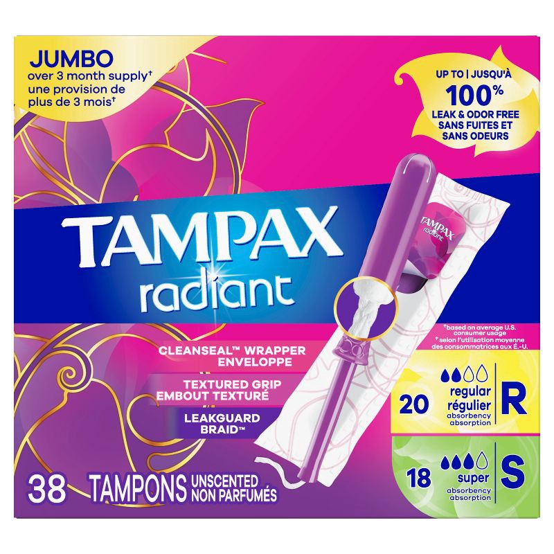 slide 9 of 10, Tampax Radiant Duopack Regular/Super Absorbency Unscented Plastic Tampons - 38ct, 38 ct