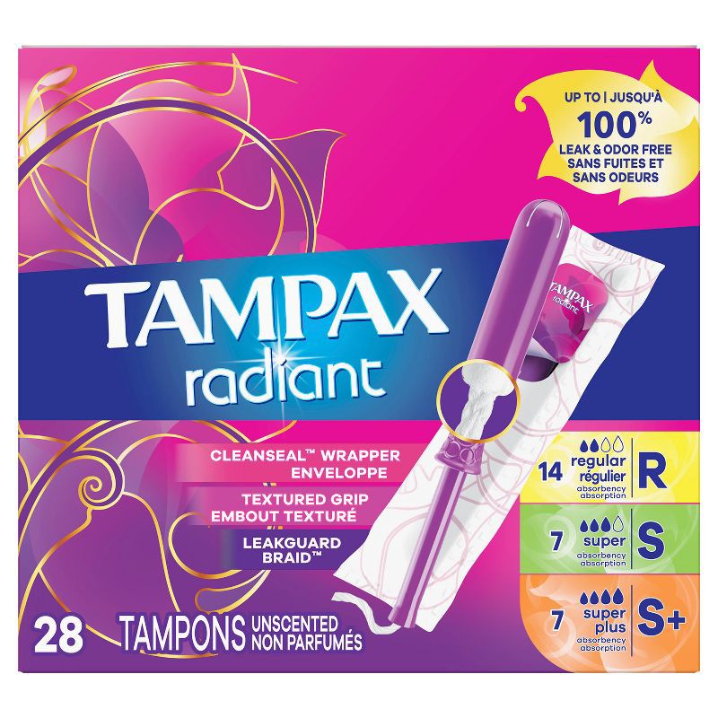 slide 2 of 9, Tampax Radiant Triple Pack Regular/Super/Super Plus Absorbency Tampons Trio - Unscented - 28ct, 28 ct