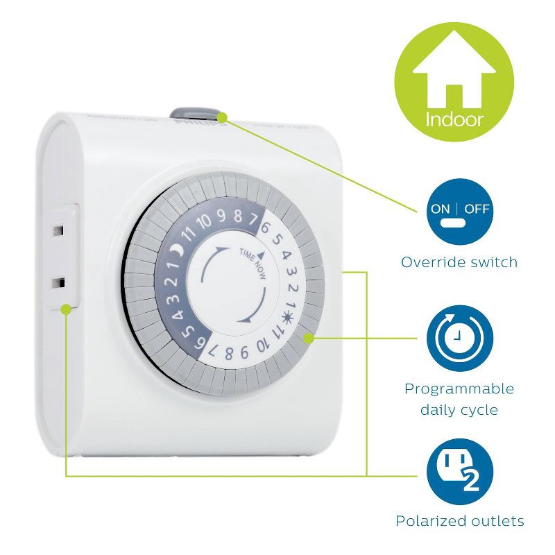 slide 2 of 8, Philips 24Hr 2 Outlet Plug In Mechanical Timer Polarized White, 1 ct