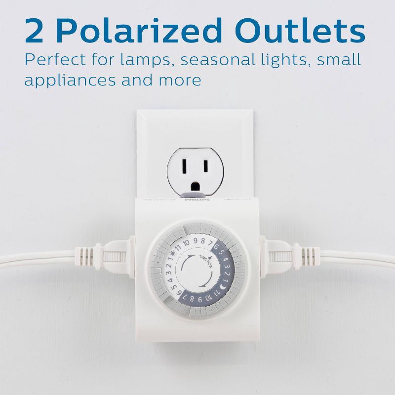 slide 5 of 8, Philips 24Hr 2 Outlet Plug In Mechanical Timer Polarized White, 1 ct