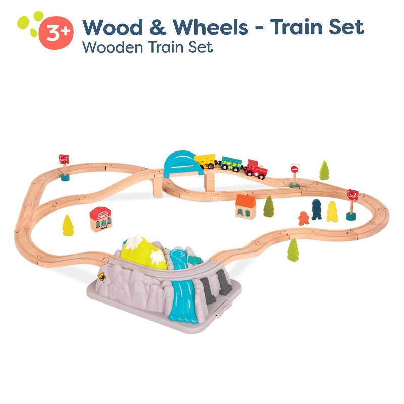 slide 5 of 9, B. toys Wooden Train Set - Wood & Wheels, 1 ct