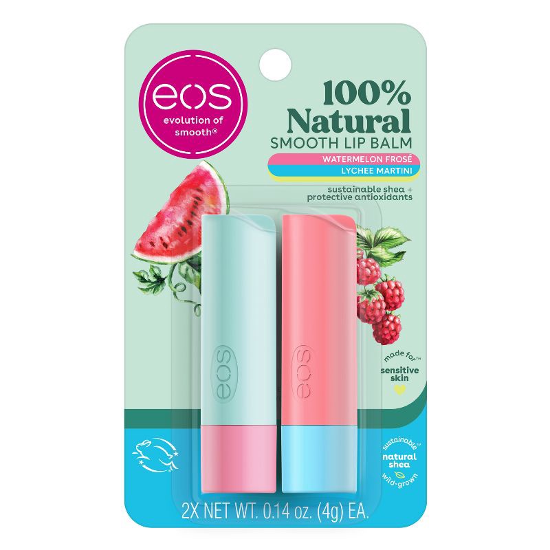 slide 1 of 6, eos 100% Natural Lip Balm Sticks - Watermelon Frosé and Lychee Martini - 2pk/0.28oz, 2 ct; 0.28 oz