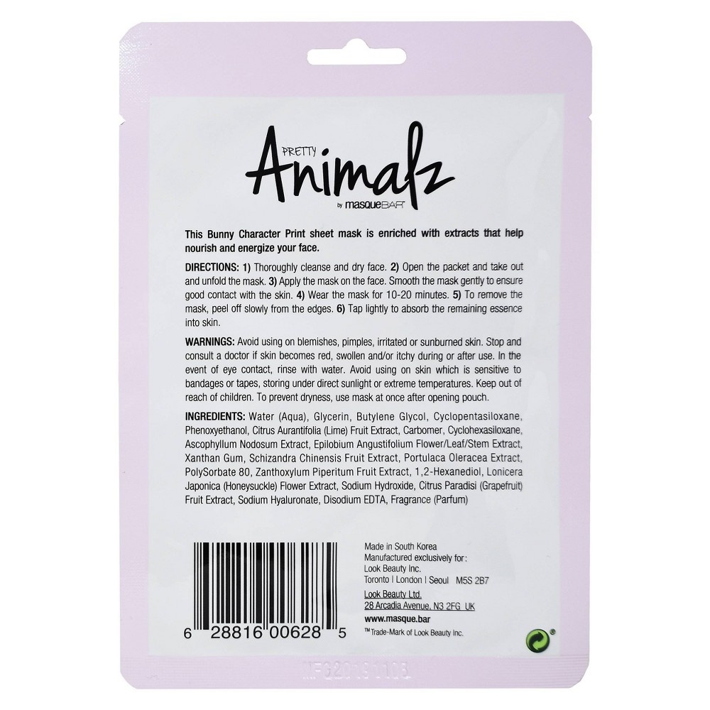 slide 2 of 3, Masque Bar Animalz Bunny Energizing Sheet Mask, 0.71 fl oz