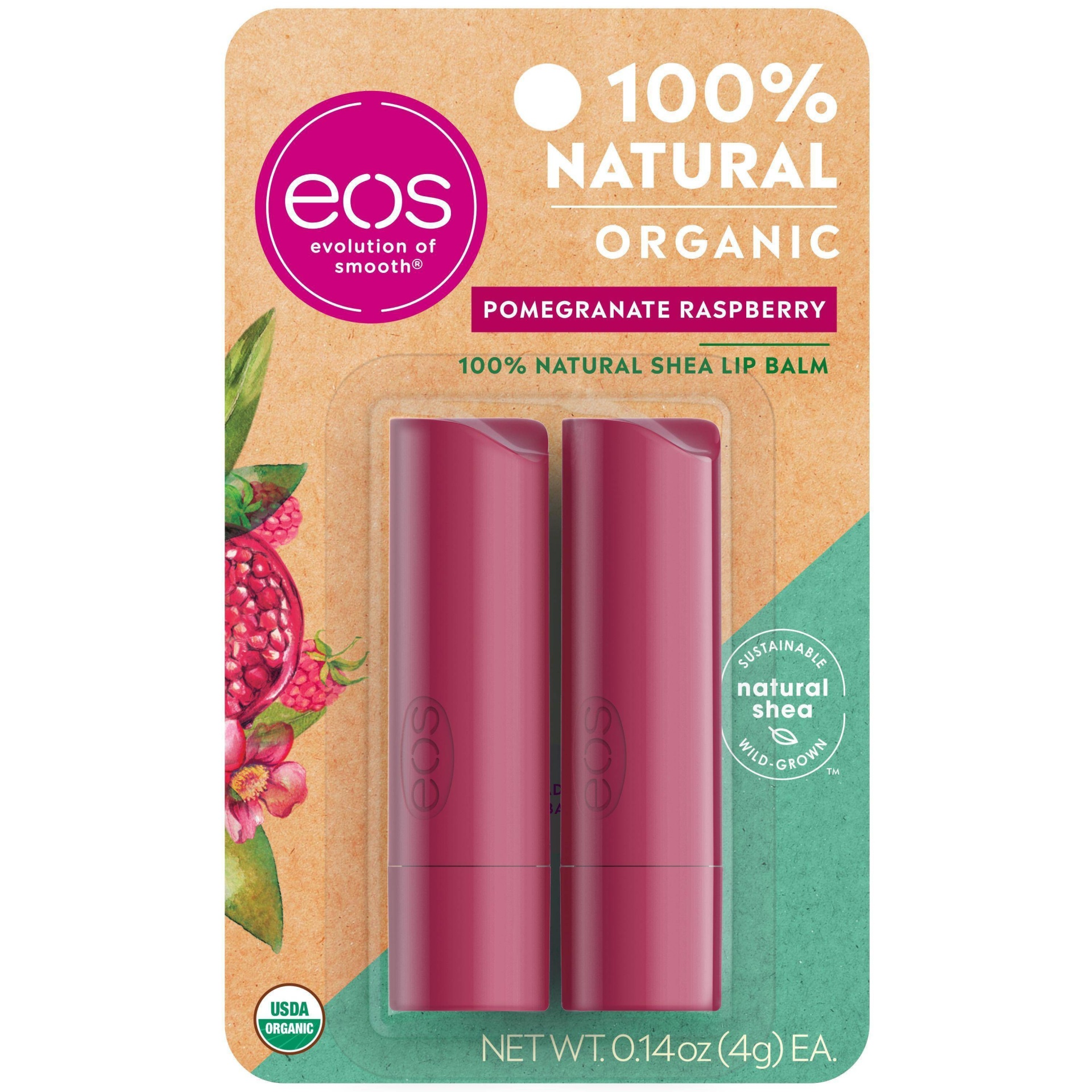 slide 1 of 3, eos 100% Natural & Organic Lip Balm Sticks - Pomegranate Raspberry - 2pk, 2 ct