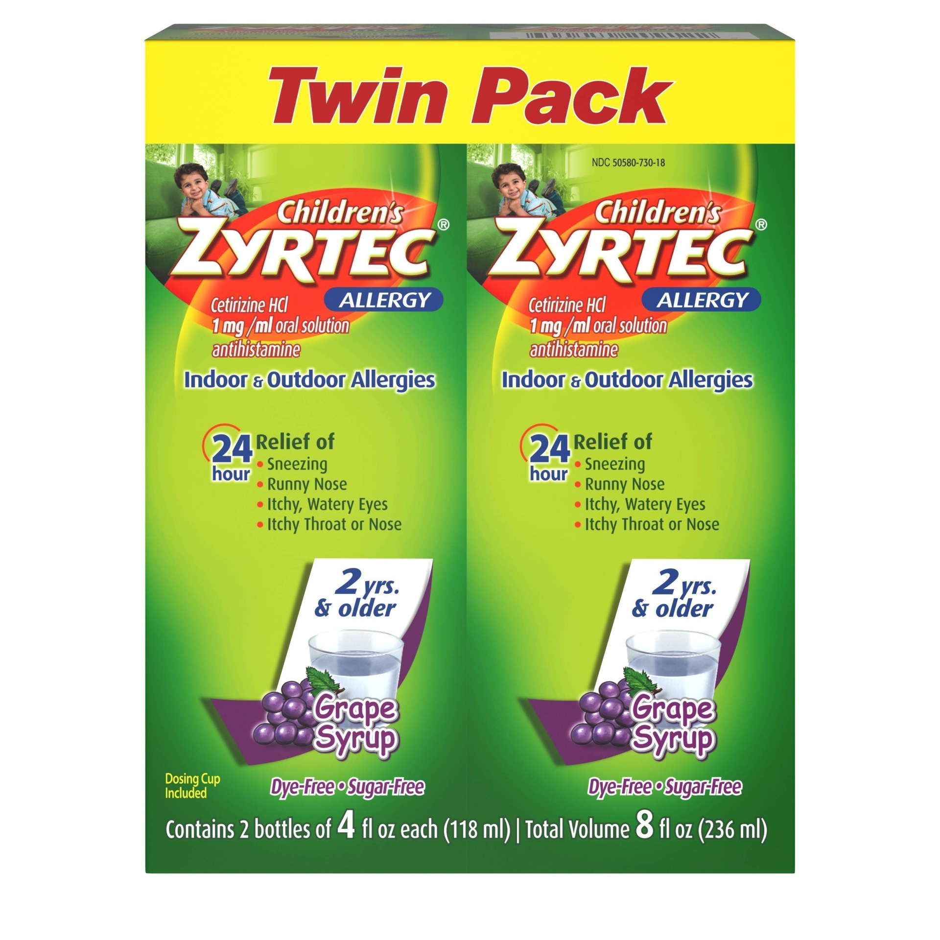 slide 1 of 10, Children's Zyrtec Allergy Syrup, Dye-Free, Sugar-Free Grape (Twin Pack), 4 fl oz, 2 ct