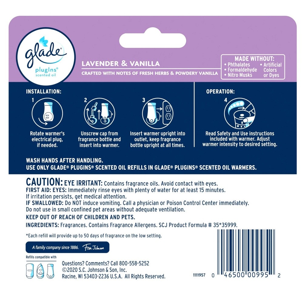 slide 2 of 7, Glade PlugIns Scented Oil Air Freshener Lavender & Vanilla Refill, 5 ct; 3.35 oz