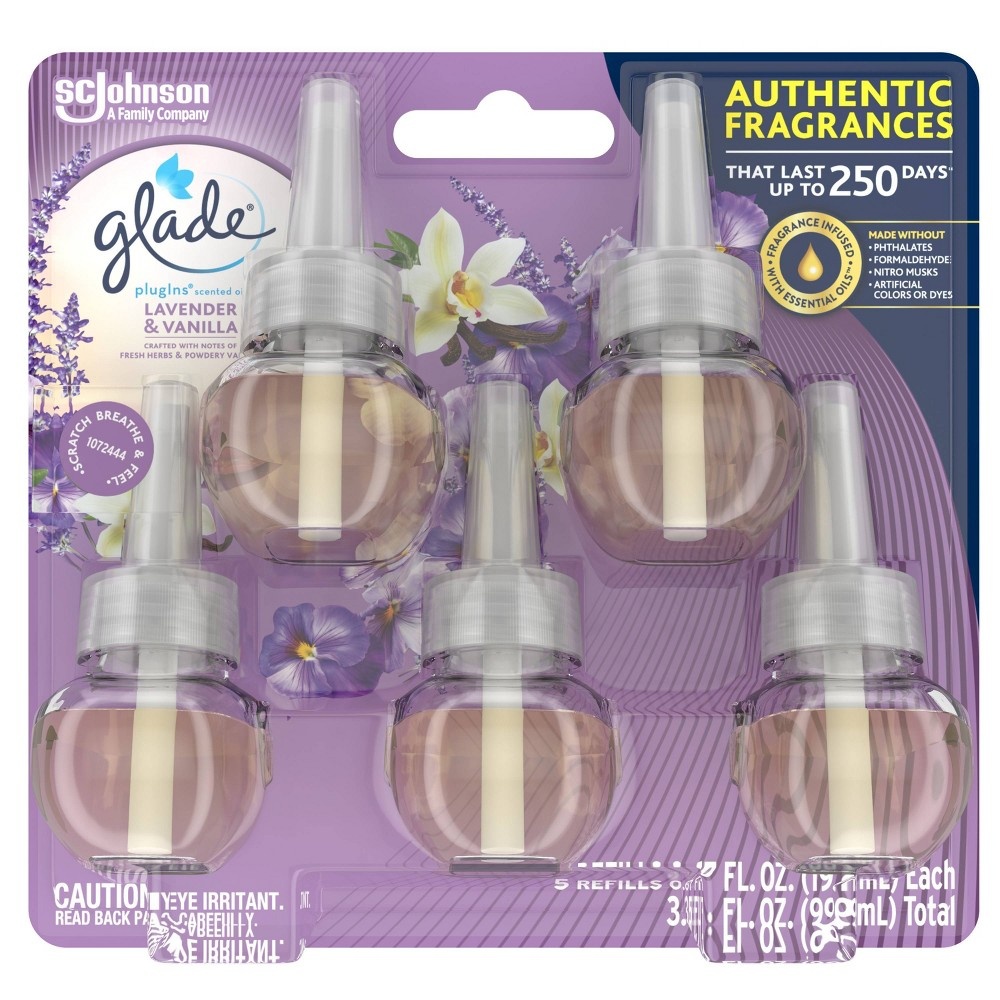 slide 3 of 7, Glade PlugIns Scented Oil Air Freshener Lavender & Vanilla Refill, 5 ct; 3.35 oz