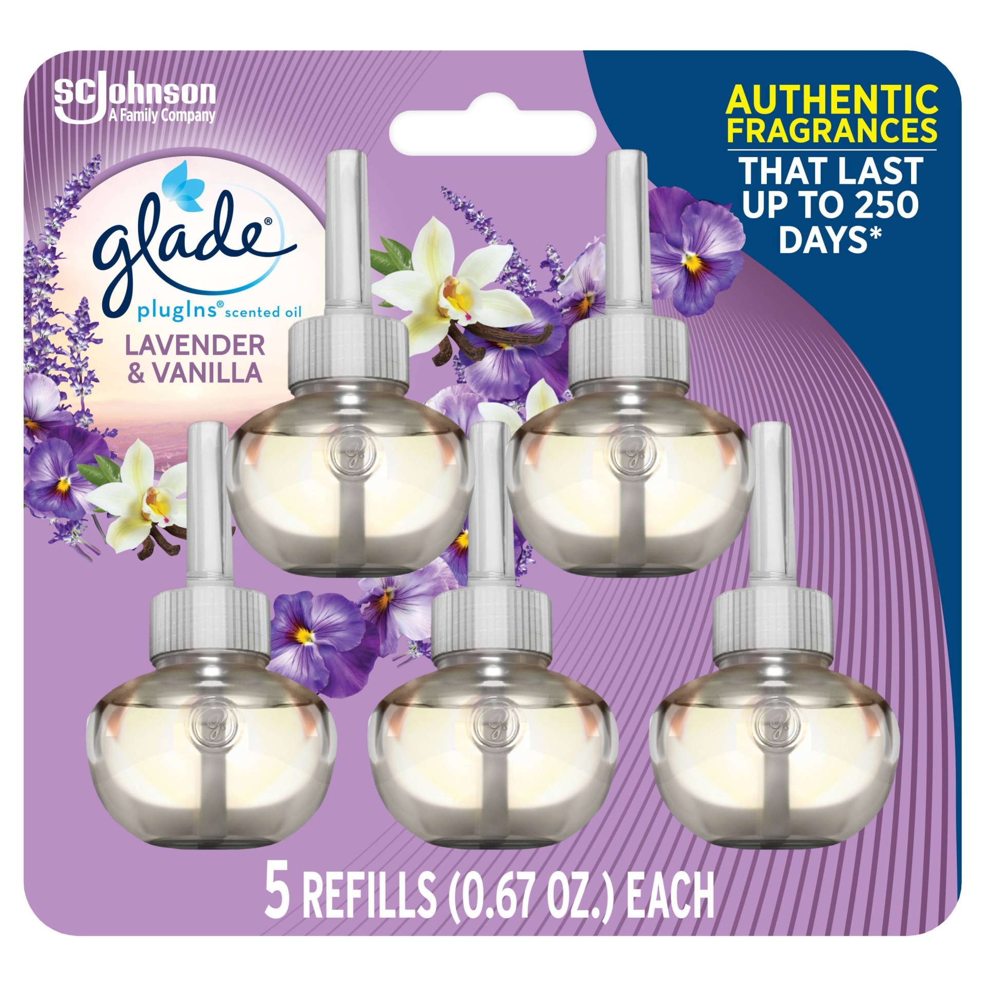 slide 1 of 7, Glade PlugIns Scented Oil Air Freshener Lavender & Vanilla Refill, 5 ct; 3.35 oz