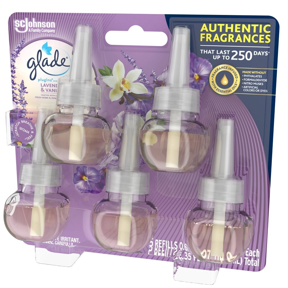 slide 6 of 7, Glade PlugIns Scented Oil Air Freshener Lavender & Vanilla Refill, 5 ct; 3.35 oz