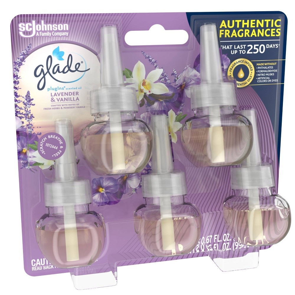 slide 7 of 7, Glade PlugIns Scented Oil Air Freshener Lavender & Vanilla Refill, 5 ct; 3.35 oz