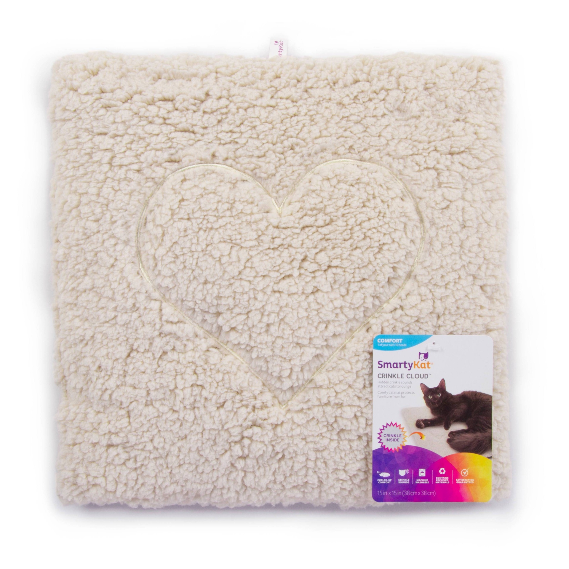 slide 1 of 6, SmartyKat Crinkle Cloud Heart Stitched Crinkle Cat Mat and Bed - Off-White, 1 ct