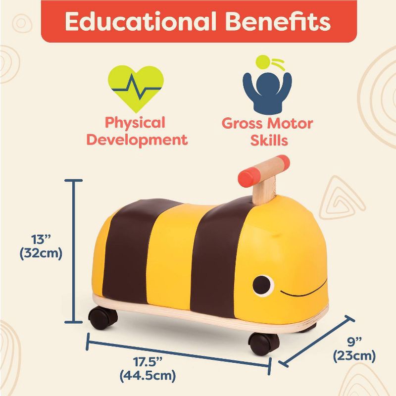 slide 3 of 6, B. toys Wooden Bee Ride-On - Boom Buggy: Toddler Push Toy, Physical Fitness Builder, Max Capacity 88 lbs, 88 lb
