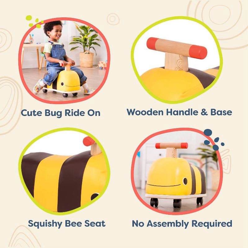 slide 4 of 6, B. toys Wooden Bee Ride-On - Boom Buggy: Toddler Push Toy, Physical Fitness Builder, Max Capacity 88 lbs, 88 lb