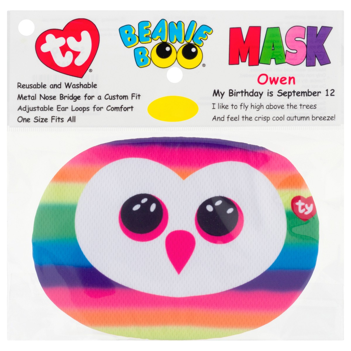 slide 1 of 9, TY Beanie Boo Owen-Multicolor Owl Protective Face Mask, 1 ct