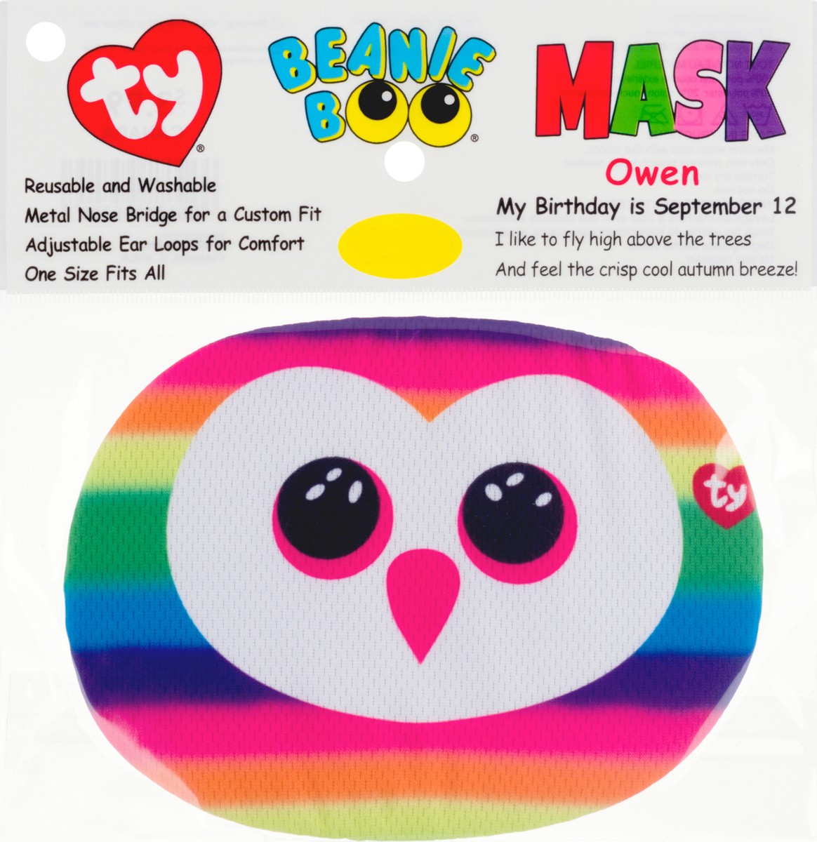 slide 8 of 9, TY Beanie Boo Owen-Multicolor Owl Protective Face Mask, 1 ct