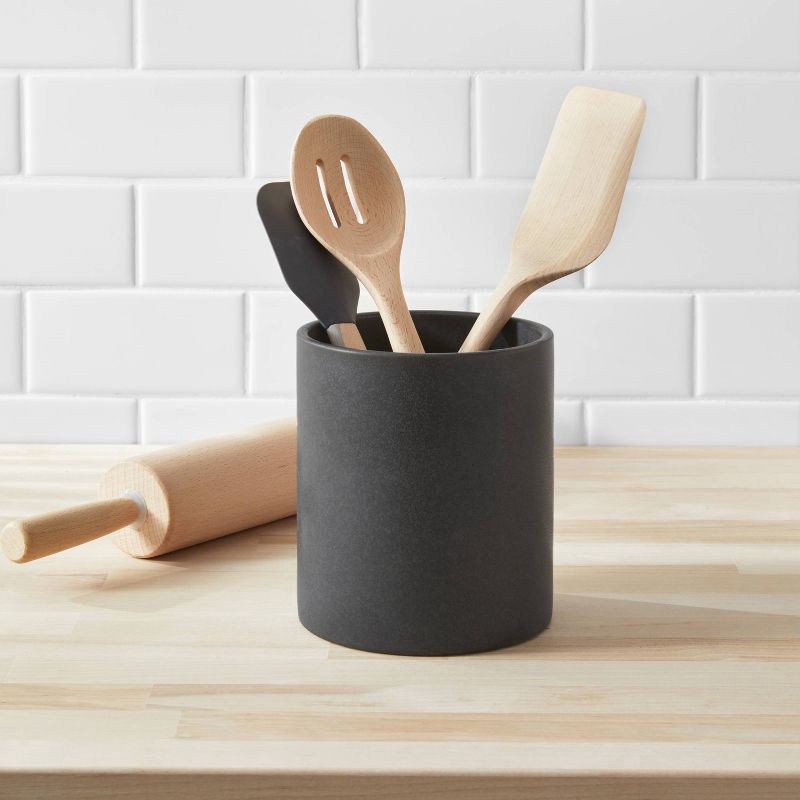 slide 2 of 3, Stoneware Tilley Utensil Holder Black - Threshold™: Kitchen Utensil Storage, Dishwasher-Safe, Glazed Matte Finish, 1 ct