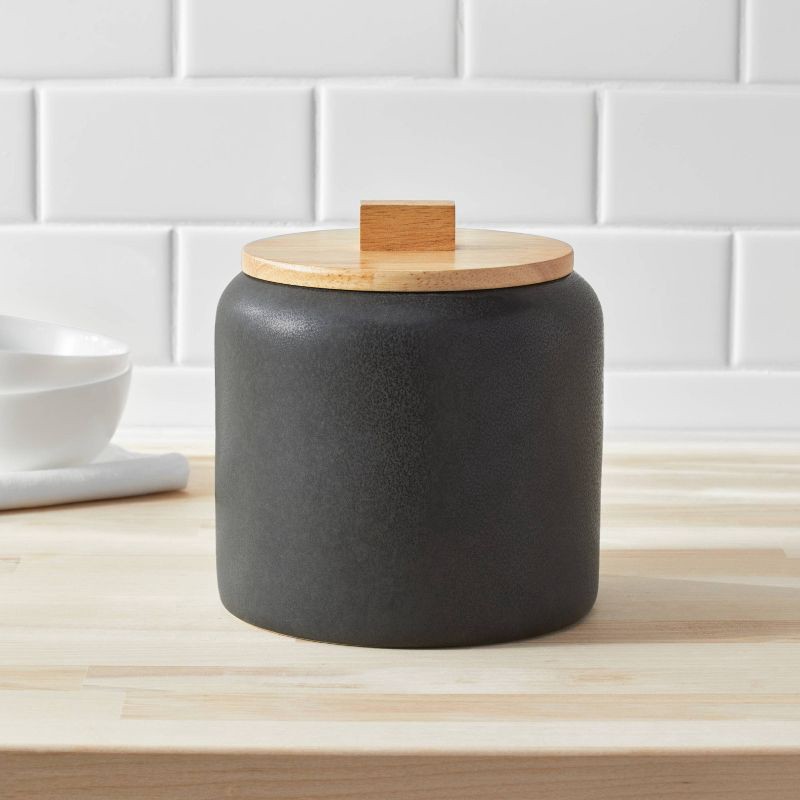 slide 2 of 3, Medium Stoneware Tilley Food Storage Canister with Wood Lid Black - Threshold™: Kitchen Coffee Canister, Matte Finish, 1 ct