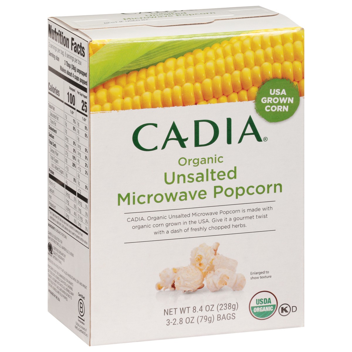 slide 9 of 9, Cadia Unsalted Microwave Popcorn, 8.4 oz