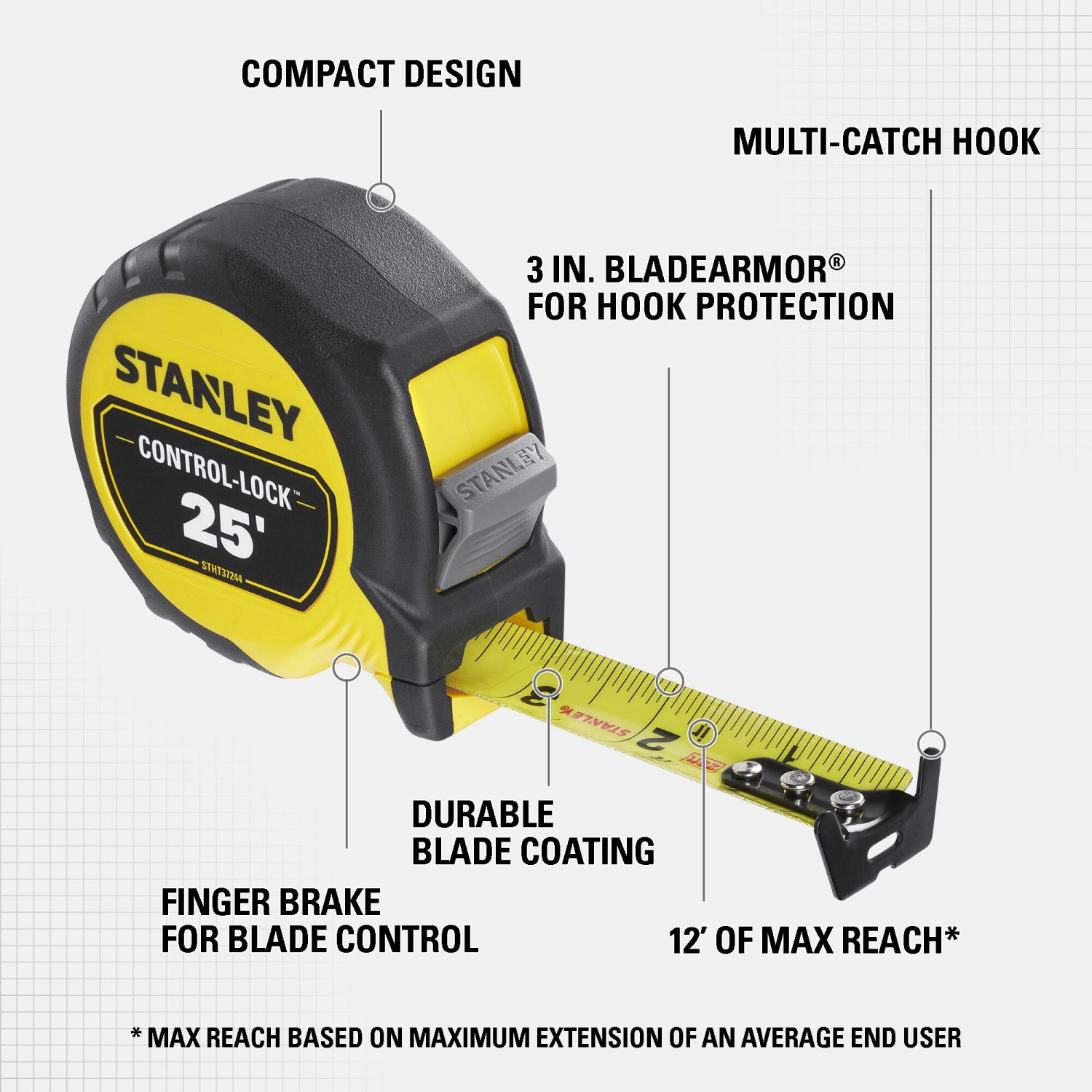 slide 2 of 2, STANLEY Finger Brake Blade Control Control-Lock 25 Feet Tape Measure 1 ea, 1 ct