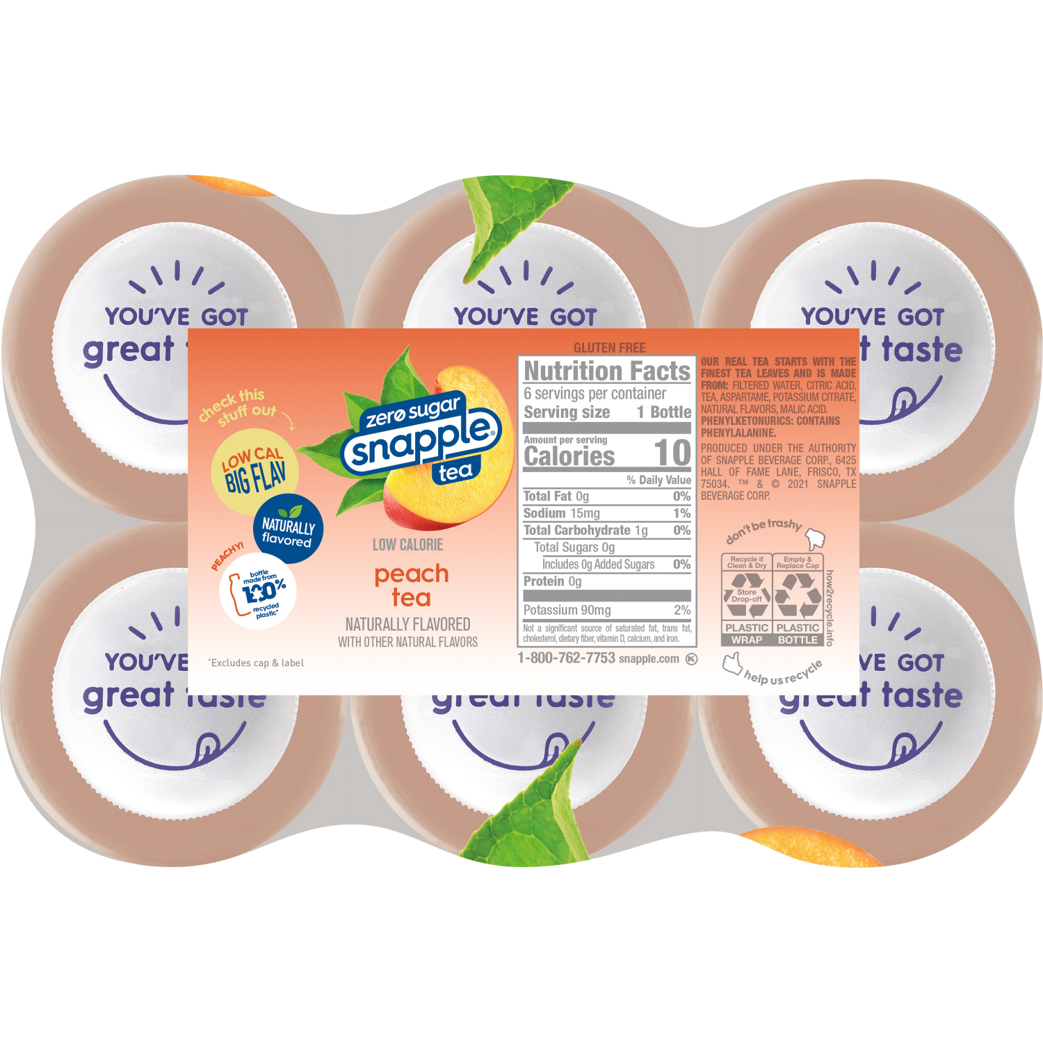 slide 2 of 4, Snapple Zero Sugar Peach Tea, 16 fl oz recycled plastic bottle, 6 pack - 6 ct, 6 ct; 16 oz