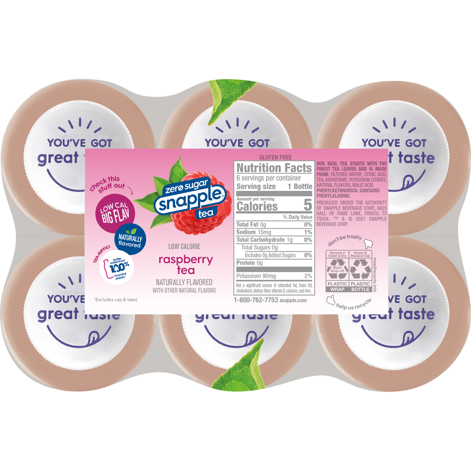 slide 4 of 7, Snapple Zero Sugar Raspberry Tea, 16 fl oz recycled plastic bottle, 6 pack, 6 ct