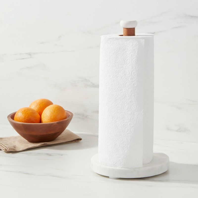 slide 2 of 3, Marble Paper Towel Holder - Threshold™: Freestanding Off-White Kitchen Towel Holder, Wood & Marble, 13.25" Height, 1 ct