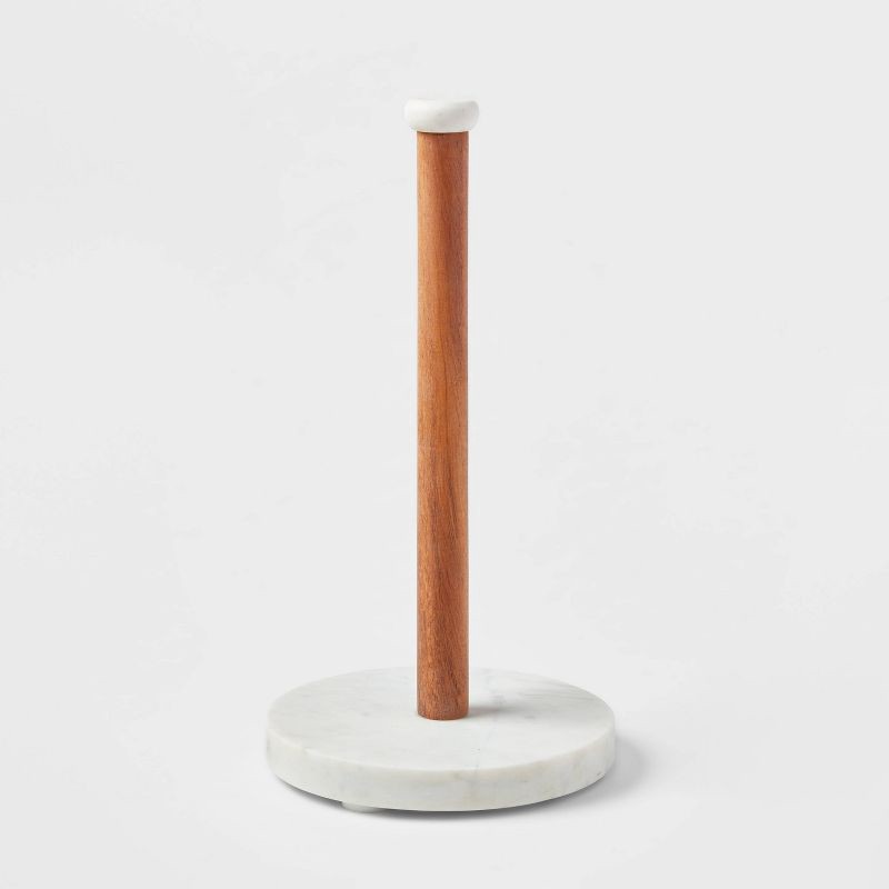 slide 1 of 3, Marble Paper Towel Holder - Threshold™: Freestanding Off-White Kitchen Towel Holder, Wood & Marble, 13.25" Height, 1 ct