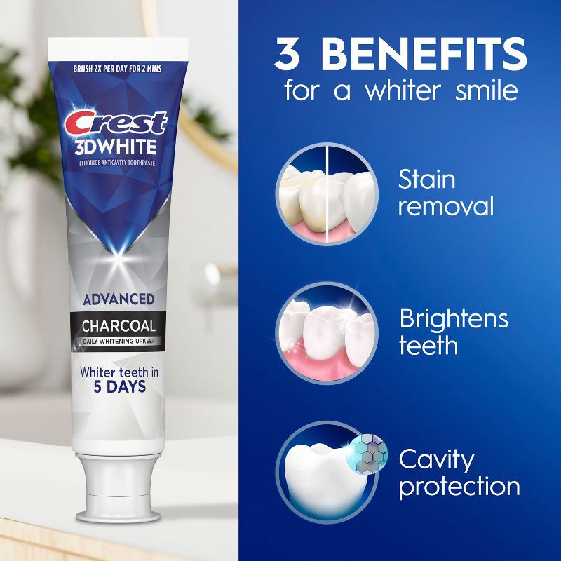 slide 4 of 11, Crest 3D White Advanced Charcoal Teeth Whitening Toothpaste - 3.3oz/2pk, 3.3 oz, 2 ct