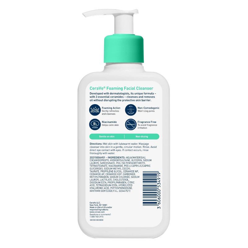 slide 2 of 15, CeraVe Foaming Face Wash with Hyaluronic Acid and Niacinamide for Oily Skin - 8 fl oz, 8 fl oz