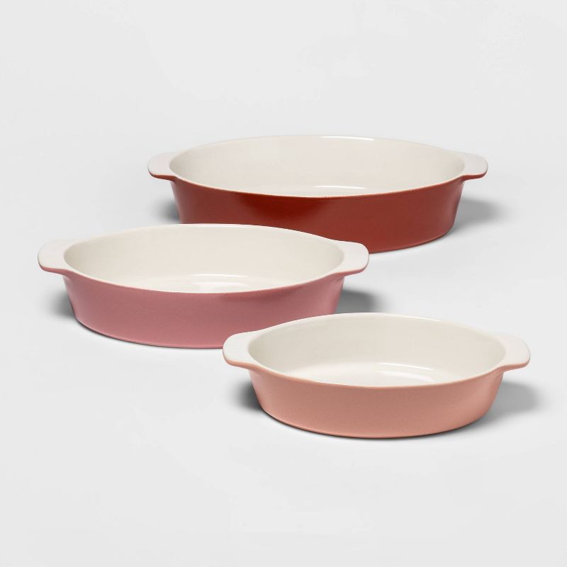 slide 1 of 1, 3pc Stoneware Oval Bakeware Set Pink - Threshold, 3 ct