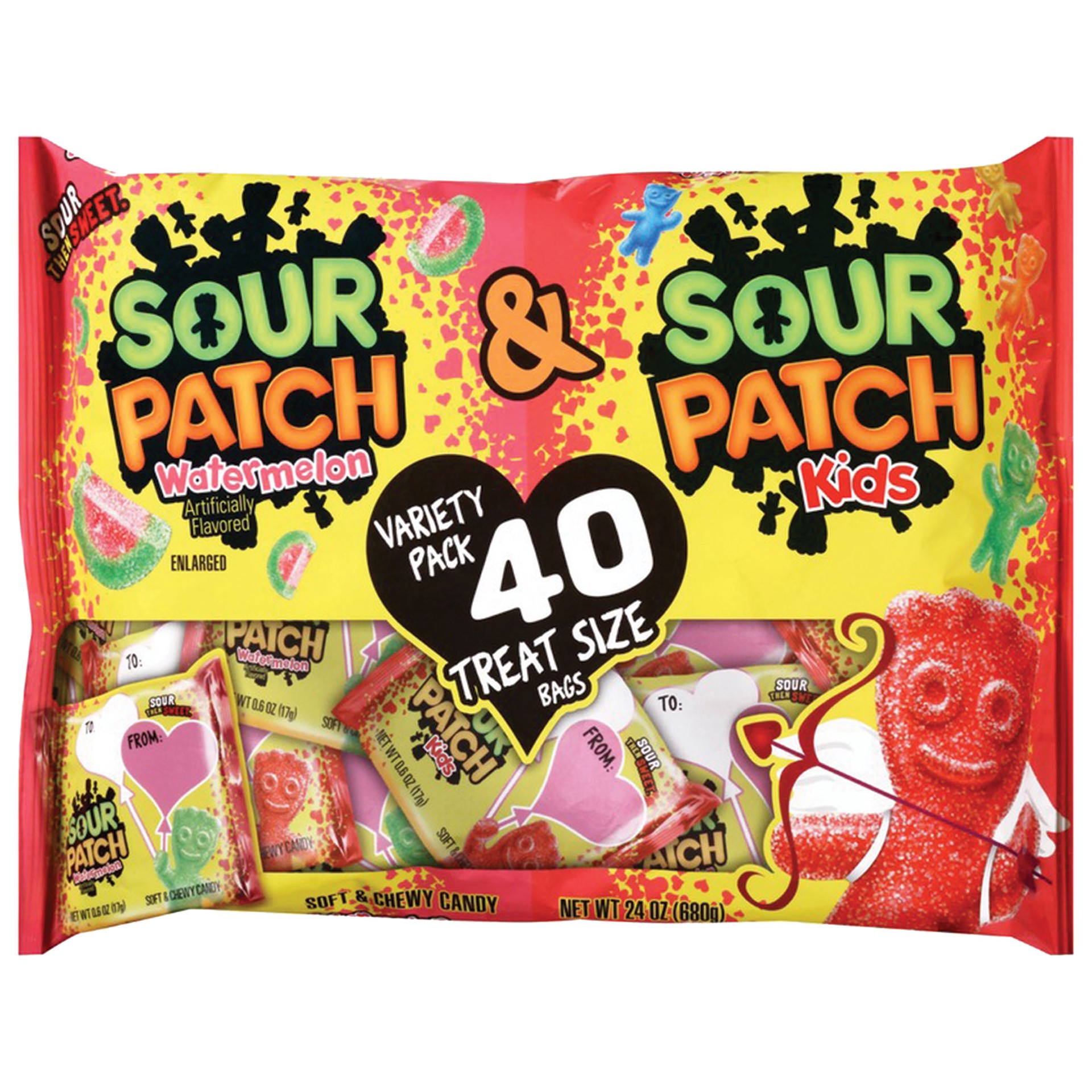 slide 10 of 11, SOUR PATCH KIDS Original & Watermelon Candy, Valentine''s Day Edition, 40 Treat Size Packs, 1.5 lb