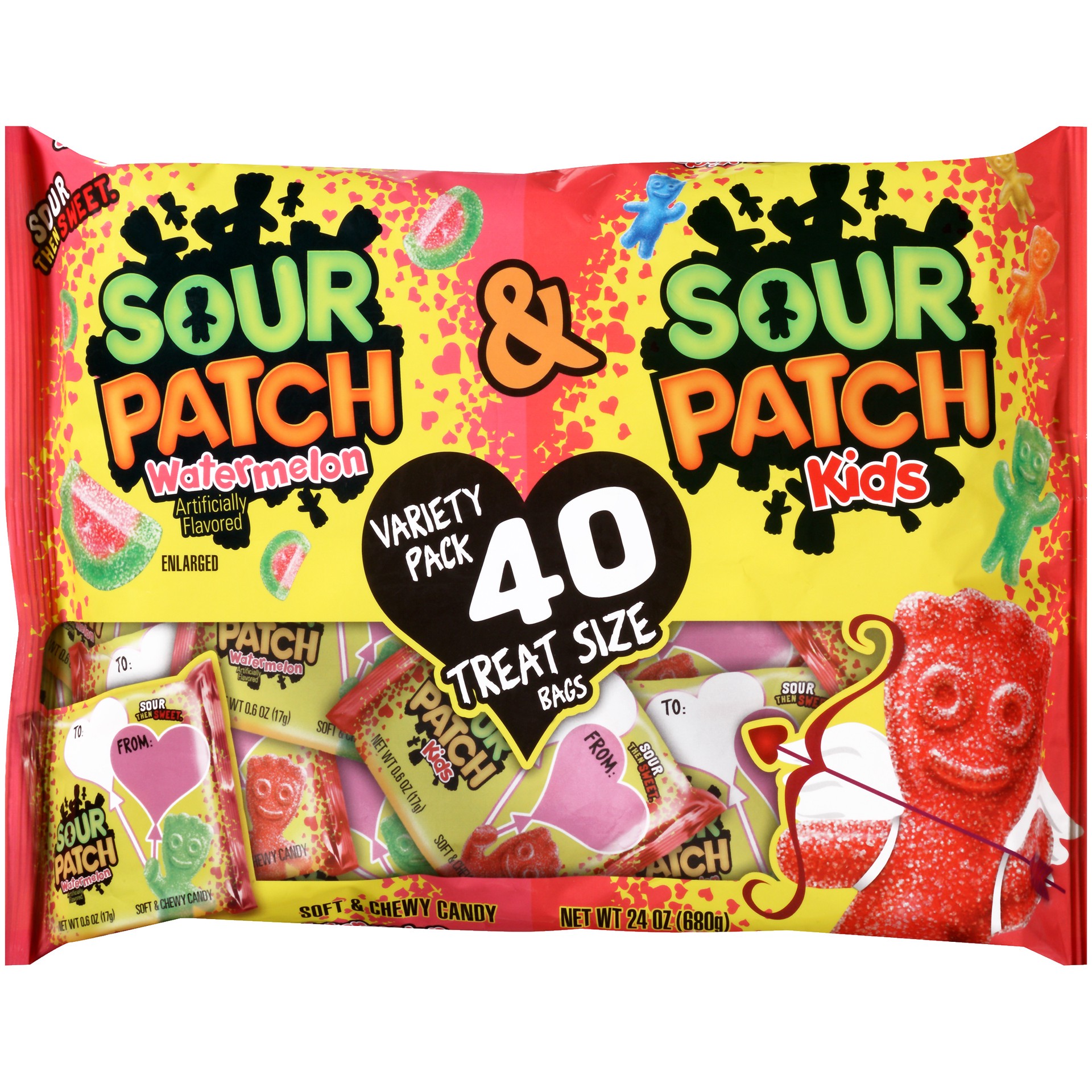 slide 1 of 11, SOUR PATCH KIDS Original & Watermelon Candy, Valentine''s Day Edition, 40 Treat Size Packs, 24 oz