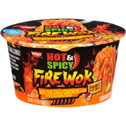 Nissin Fire Wok Hot & Spicy Stir Fry Molten Chili Chicken Flavor Asian Noodles in Sauce 4.37 oz