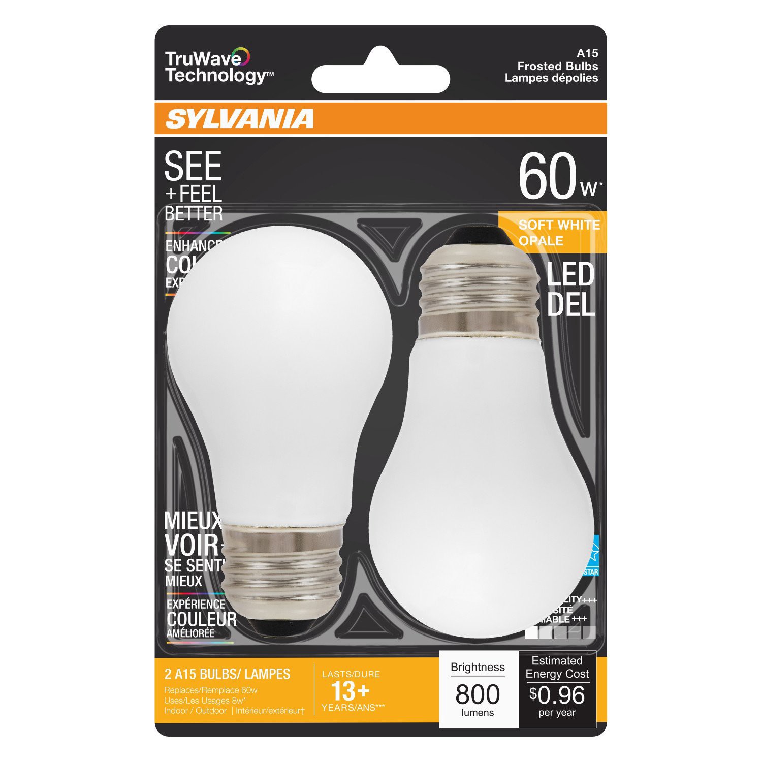 slide 1 of 1, Sylvania TruWave 60-Watt A15 Frost Soft White LED Light Bulbs, 2 ct
