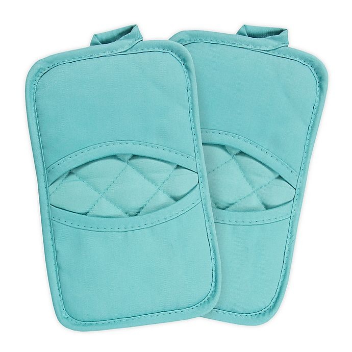 slide 1 of 5, KitchenSmart Colors Solid Pocket Pot Mitts - Teal, 2 ct