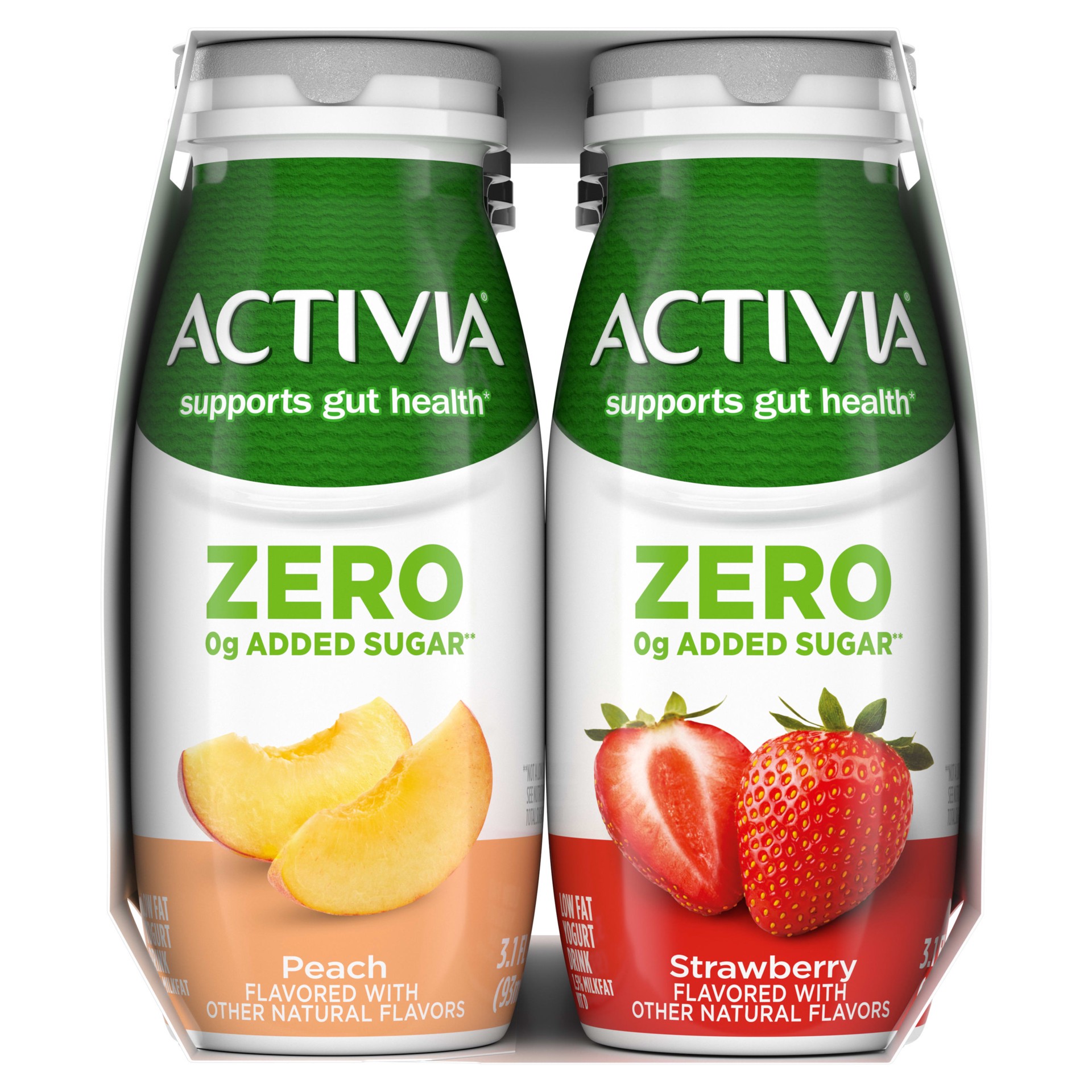 slide 2 of 5, Activia ZERO 0g Added Sugar Peach and Strawberry Probiotic Dailies, Low Fat Probiotic Yogurt Drinks, 3.1 FL OZ, 8 Ct, 8 ct