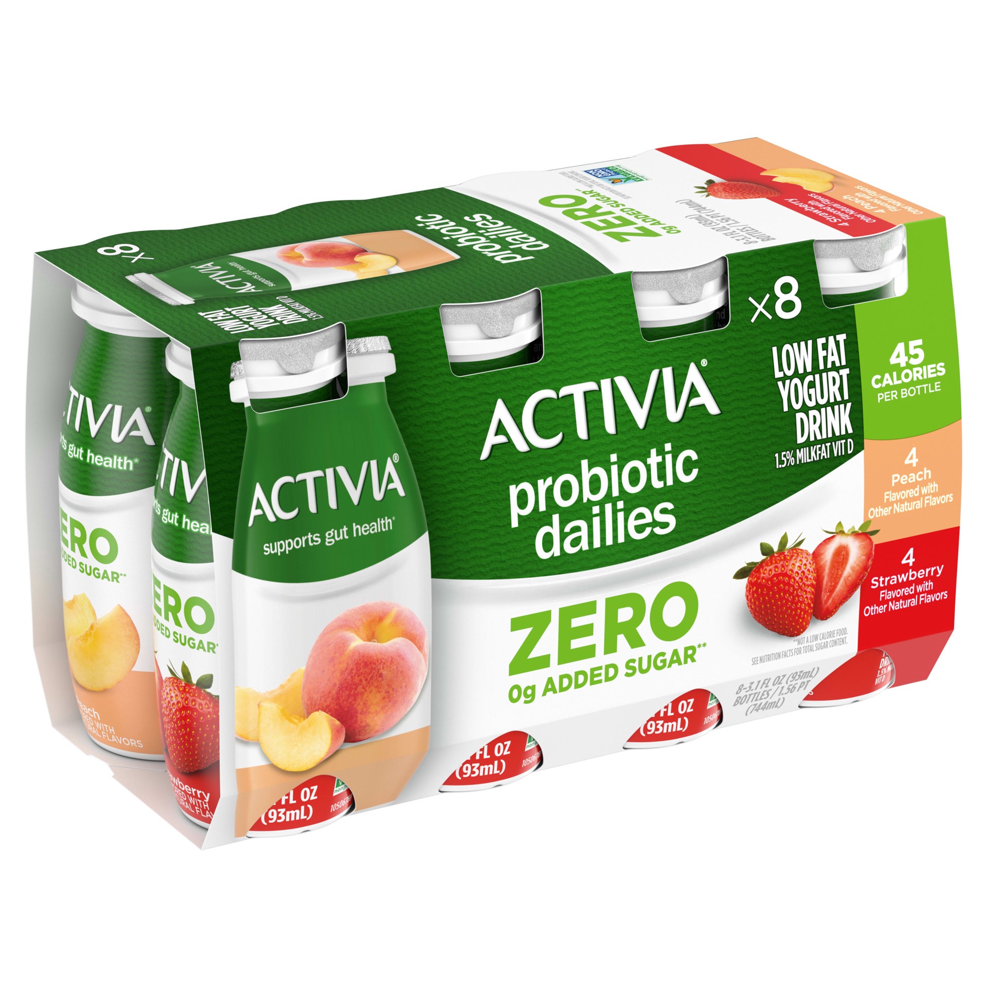 slide 4 of 5, Activia ZERO 0g Added Sugar Peach and Strawberry Probiotic Dailies, Low Fat Probiotic Yogurt Drinks, 3.1 FL OZ, 8 Ct, 8 ct