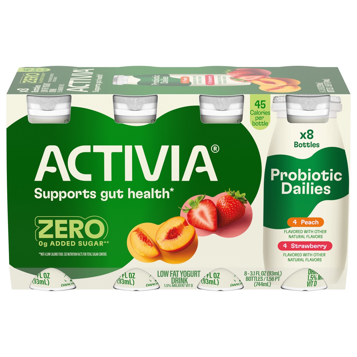 slide 1 of 5, Activia ZERO 0g Added Sugar Peach and Strawberry Probiotic Dailies, Low Fat Probiotic Yogurt Drinks, 3.1 FL OZ, 8 Ct, 8 ct