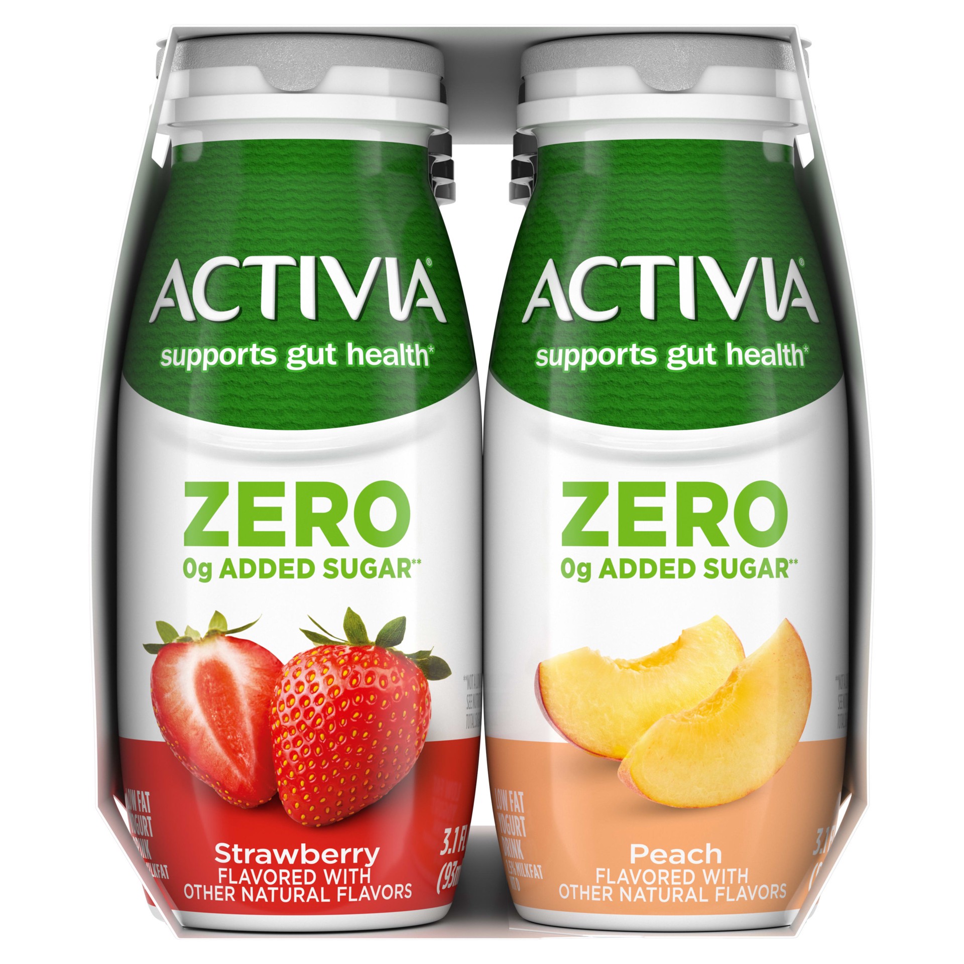 slide 5 of 5, Activia ZERO 0g Added Sugar Peach and Strawberry Probiotic Dailies, Low Fat Probiotic Yogurt Drinks, 3.1 FL OZ, 8 Ct, 8 ct