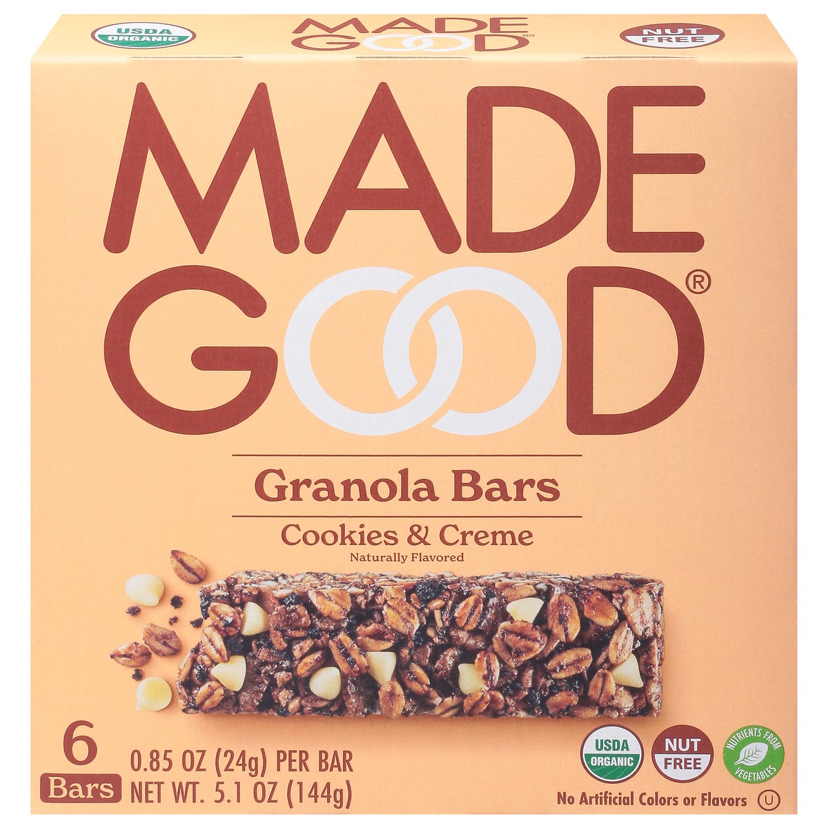 slide 1 of 9, MadeGood Cookies & Creme Granola Bars 6 - 0.85 oz Bars, 5.1 oz