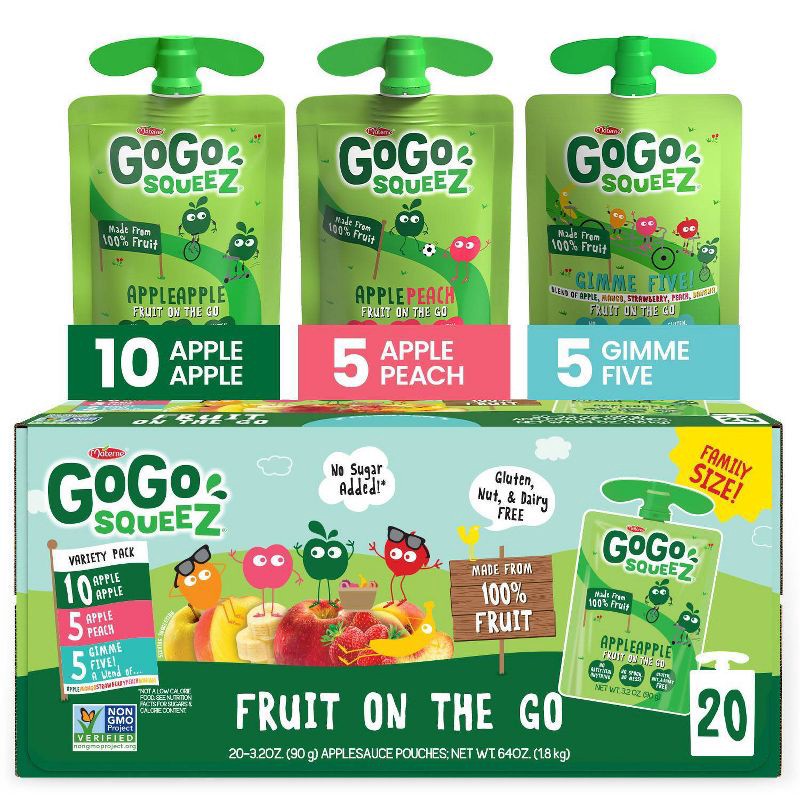 slide 1 of 9, GoGo squeeZ Applesauce, Variety Apple/Peach/GIMME 5 - 3.2oz/20ct, 5 x 3.2 oz, 20 ct