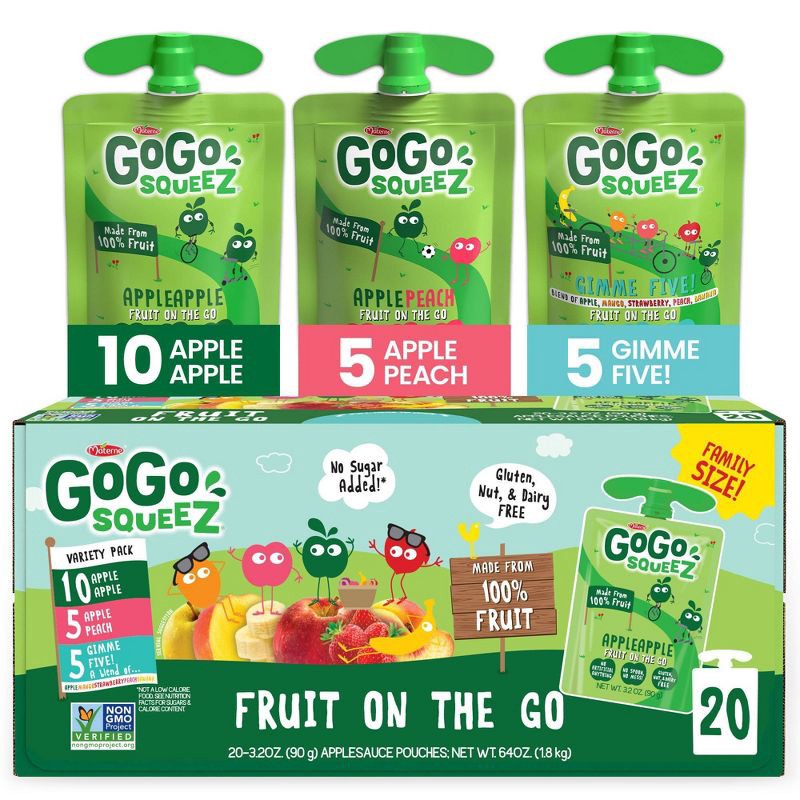 slide 1 of 5, GoGo SqueeZ No Sugar Added Applesauce and Fruit Puree Apple Peach & Gimme Five! Variety Pack - 3.2oz/20ct, 3.2 oz, 20 ct