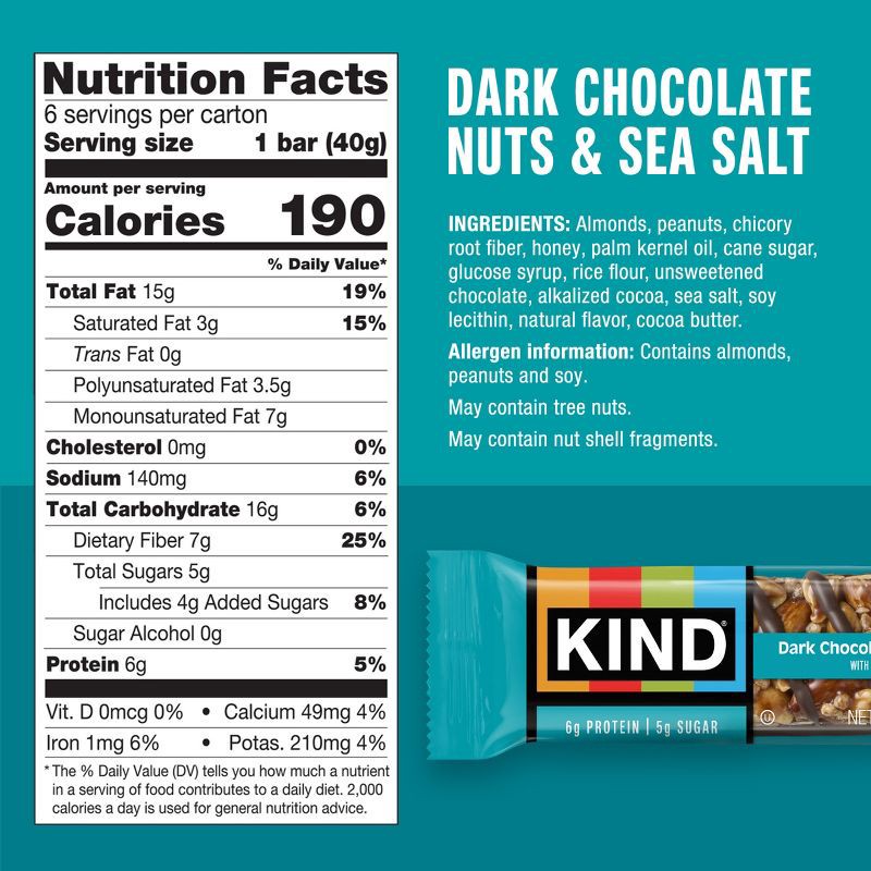 slide 2 of 7, KIND Bars Dark Chocolate Nuts & Sea Salt Gluten Free Snacks - 6ct, 6 ct
