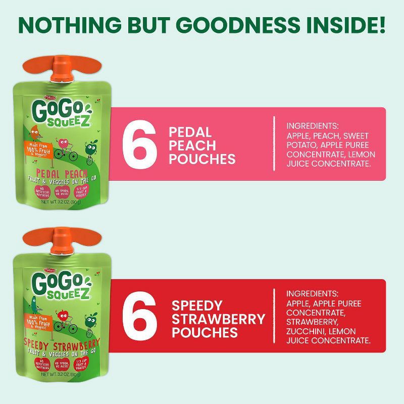 slide 4 of 6, GoGo SqueeZ Fruit & VeggieZ No Sugar Added Applesauce and Puree Pedal Peach and Speedy Strawberry Variety Pack - 3.2oz/12ct, 12 ct; 3.2 oz