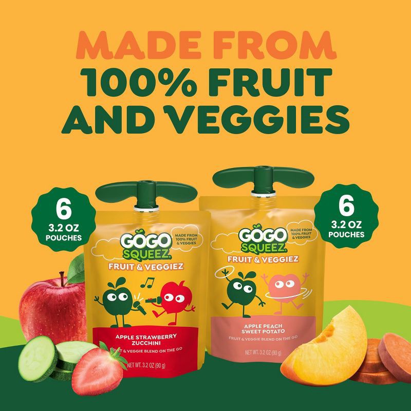 slide 3 of 8, GoGo SqueeZ Fruit & VeggieZ No Sugar Added Applesauce and Puree Pedal Peach and Speedy Strawberry Variety Pack - 3.2oz/12ct, 12 ct; 3.2 oz