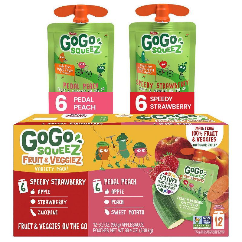 slide 1 of 9, GoGo squeeZ Fruit & VeggieZ, Variety Peach/Strawberry - 3.2oz/12ct, 12 ct; 3.2 oz