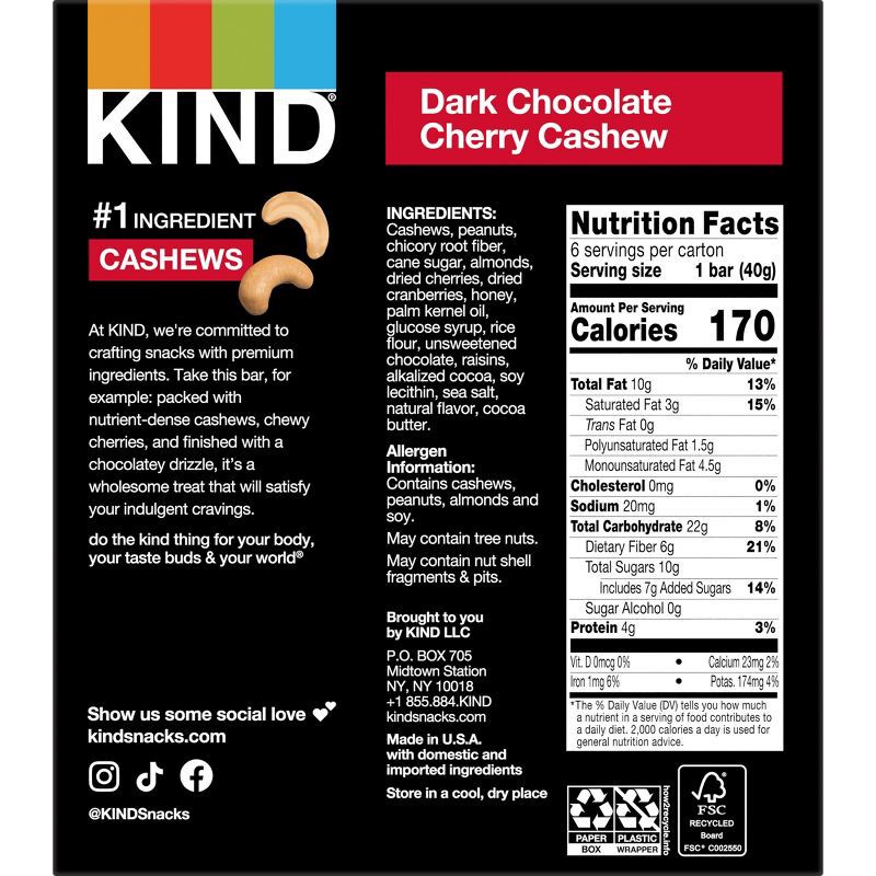 slide 2 of 7, KIND Bars Dark Chocolate Cherry Cashew Gluten Free Snacks - 6ct, 6 ct