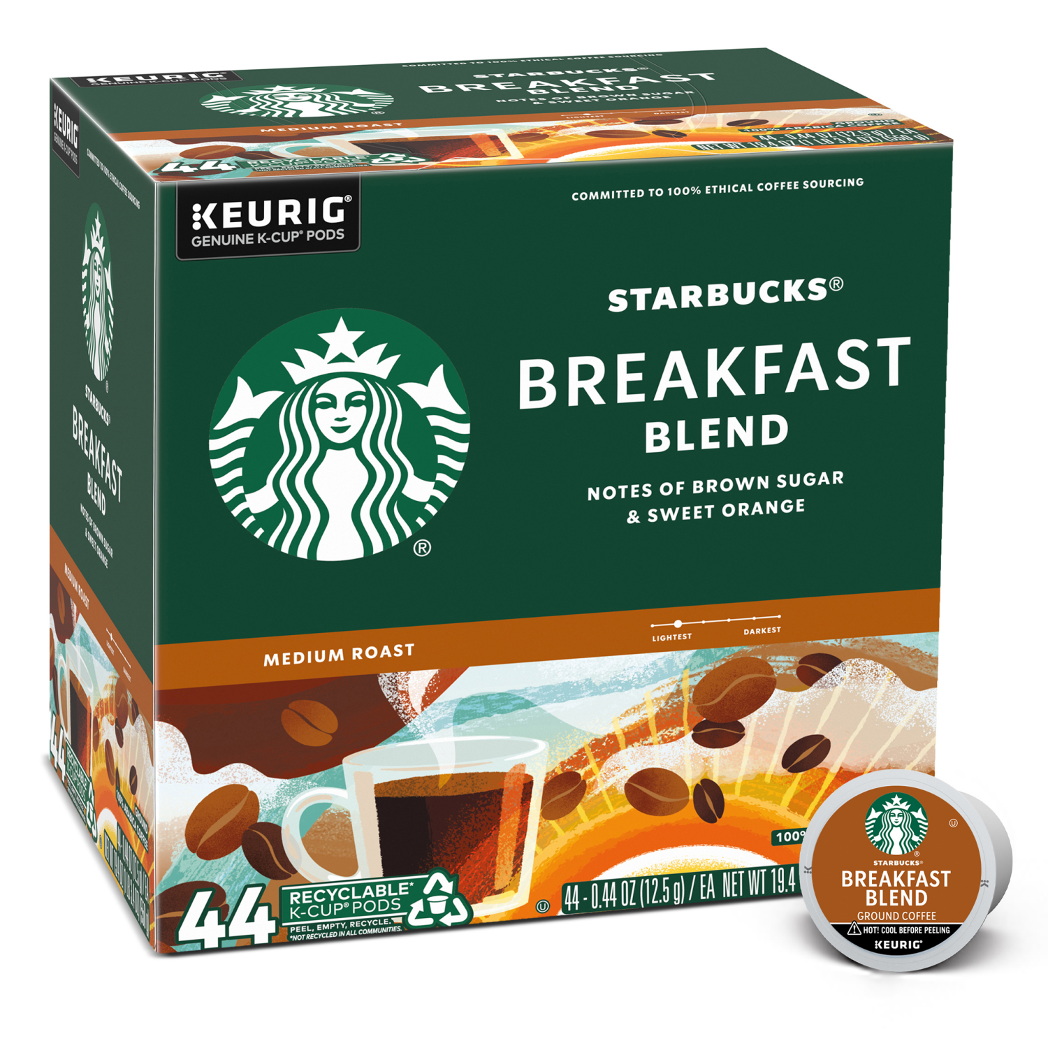 slide 1 of 5, Starbucks Breakfast Blend Medium Roast Ground Coffee K-Cup Pods 44 ct Box, 19.4 oz