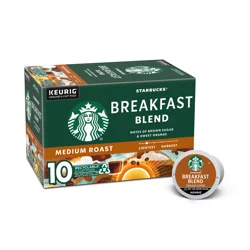Starbucks K-Cup Pods Medium Roast Ground 100% Arabica Breakfast Blend Coffee 10 - 0.44 oz Pods