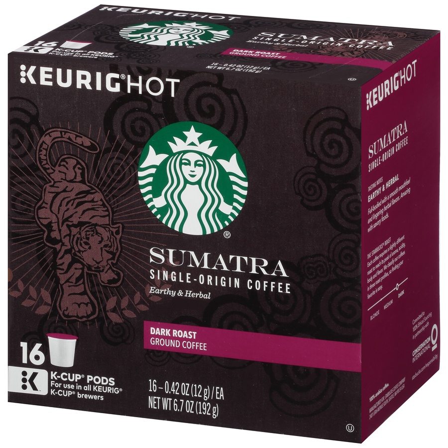 slide 3 of 7, Starbucks Sumatra Dark Roast Ground Coffee K-Cup Pods, 16 ct; 0.42 oz